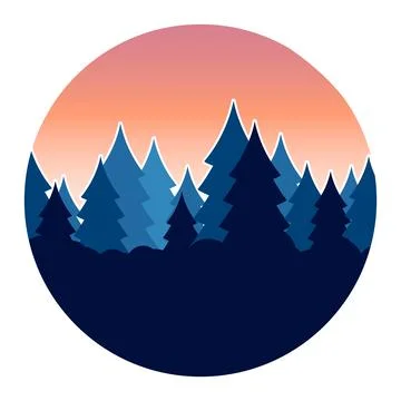 Round icon with blue pine forest silhouette on pink sunset gradient Stockillustratie