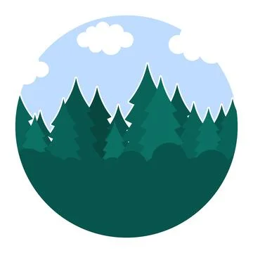 Round icon with green pine forest and clouds on blue sky background vector Stockillustratie