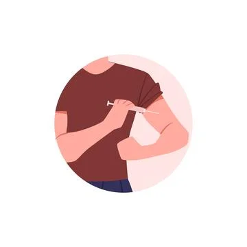 Round icon with man making self injection in shoulder flat style Stock Illustration