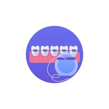 Round icon row of teeth with braces and dental floss flat style Stock Illustration