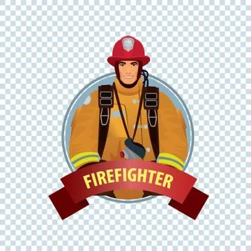 Round icon on white background with firefighter Illustrazione stock