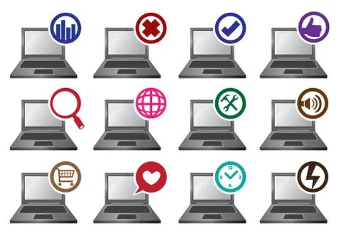 Round Icons and Laptops Vector Illustration Stock Illustration
