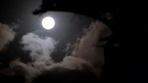 Round illuminated orb of full moon in night sky with passing clouds Video stock 319814896