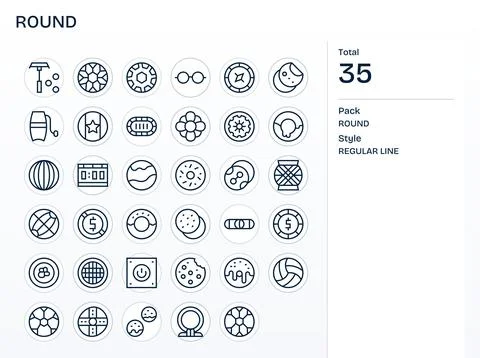 Round including 35 64x64 Regular Line Vector Illustrations Stock Illustration