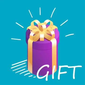 Round isometric gift box with graphic motion elements. Surprise present concept. Stock Illustration
