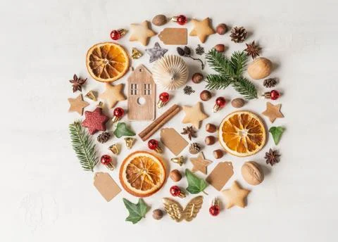 Round knolling composition of various items and food related to Christmas Stock Photos