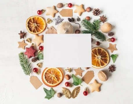Round knolling composition of various items and food related to Christmas Stock Photos