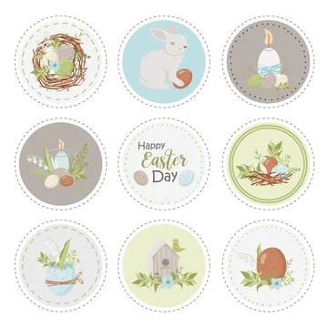 Round Labels collection with Easter items. Stock Illustration