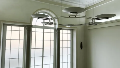 A round lamp with multiple light fixtures in an office building Stock Footage 336097425