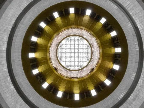 A round large celling window in a spacious round hall in a modernist interior Stock Photos