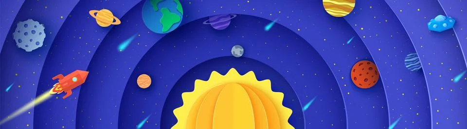 Round layers galaxy space cosmic science with cartoon papercut planets, red 스톡 일러스트