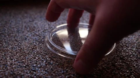 Round lid made of transparent plastic falls on stone table. Packaging recycling Stock Footage 238819841