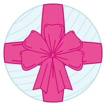 Round light blue gift box with pink bow and stripes, Vector 스톡 일러스트