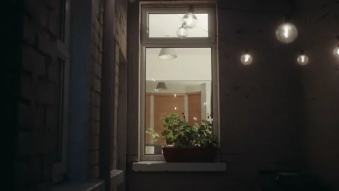Round light bulbs hanging outside window in back yard Stock Footage 239035891