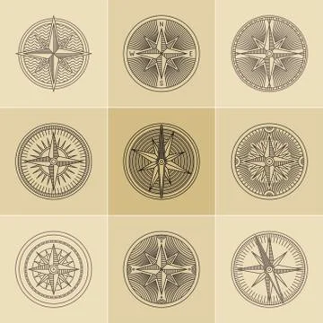 Round Linear Vintage Compass Logos Stock Illustration