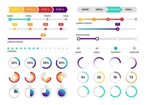 Round loader and progress bar kit, app screen interface download graphic elem Stock Illustration