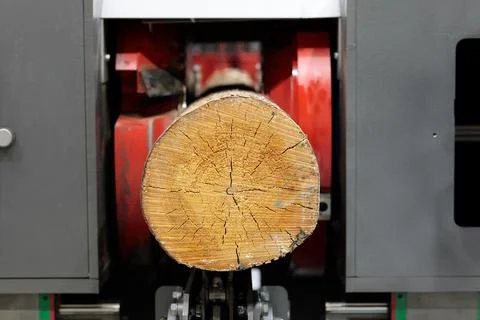 Round log multi blade rip saw machine close up Stock Photos
