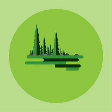 Round, logo with a dense forest on a green background.Vector illustration. Stock Illustration