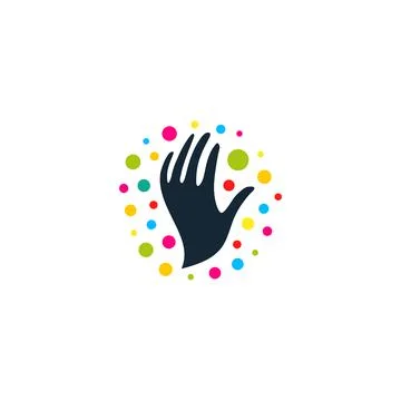 Round logo with the image of black hands, colorful balloons and merry festive Stock Illustration