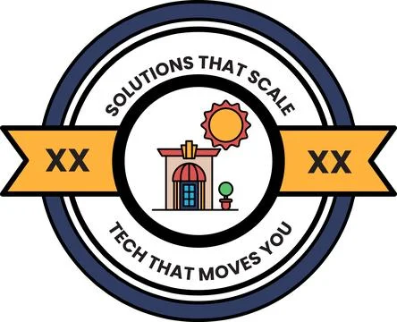 A round logo with a sun and a building on it Ilustración de archivo