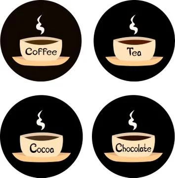 Round logos of hot drinks. Coffee, tea, cocoa, hot chocolate in mugs with tex Stock Illustration