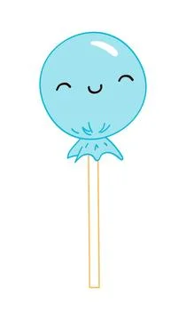 Round lollipop candy in bright wrapper with cute face illustration isolated. Stock Illustration