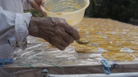 Round Mango Paste Drying on the Sun to make Dried Mango Paste Roll. Stock Footage 122430805