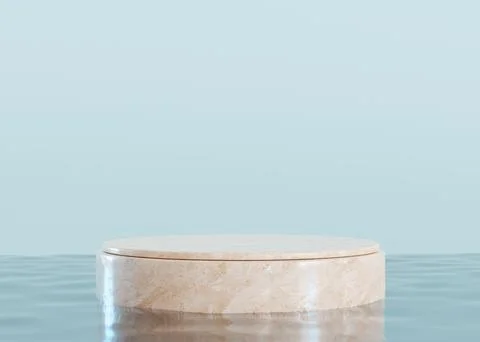 Round marble podium standing in water, blue background. Mock up for product Stock Illustration