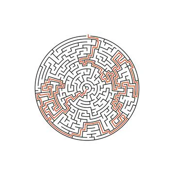Round maze game logic labyrinth with clue answer Stock Illustration
