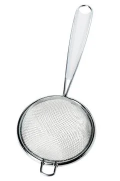 Round metal tea strainer isolated on white Foto stock
