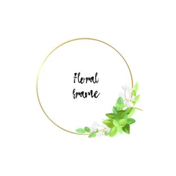 Round metallic gold frame with white flowers, eucalyptus leaves and succulent Illustration