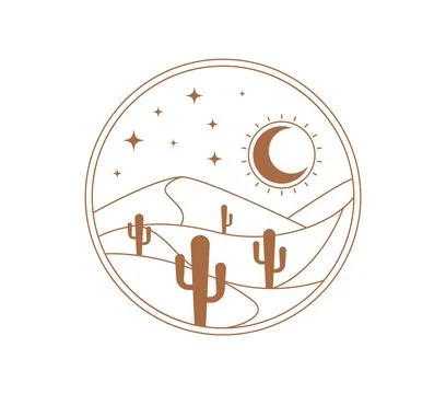 Round minimalist boho window with desert landscape Stock Illustration