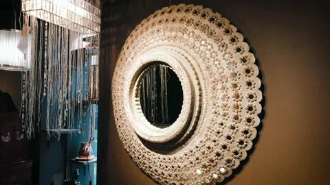 Round mirror authentic retro interior design luxury style craft made Stock-Footage 212304827