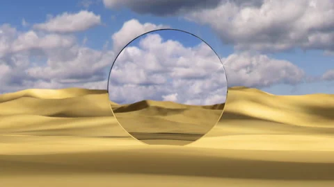 Round mirror reflecting dynamic clouds on Desert Dunes 3D render animation Stock Footage 322101799