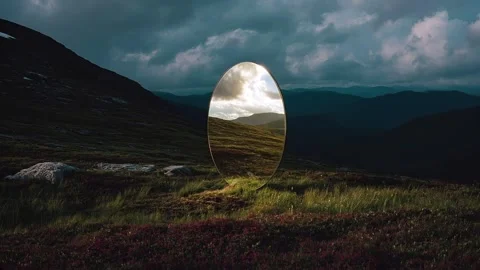 A round mirror stands alone in an evening grassy field Stock Footage 314717996