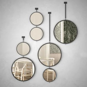 Round mirrors hanging on the wall reflecting interior design scene, minimalis 库存插图