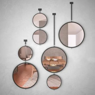 Round mirrors hanging on the wall reflecting interior design scene, cosy dini Stock Illustration