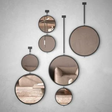 Round mirrors hanging on the wall reflecting interior design scene, minimalis Stock Illustration