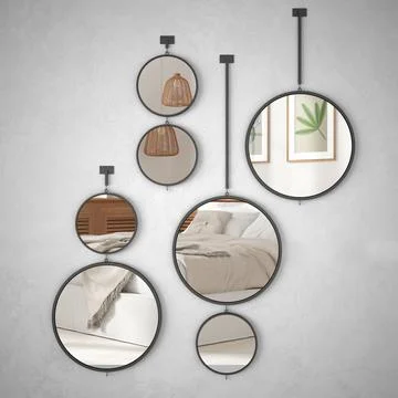 Round mirrors hanging on the wall reflecting interior design scene, minimalis Stock Illustration