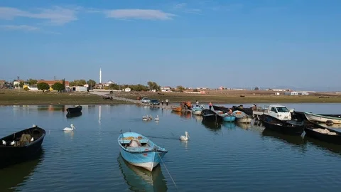 Round move over fishing boats on a lake with pelicans Stock Footage 119662353