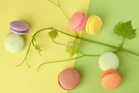Round multi-colored baked macarons, top view 스톡 사진