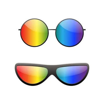 Round multicolor sunglasses 3D set. Summer sunglass shade isolated white back Stock Illustration