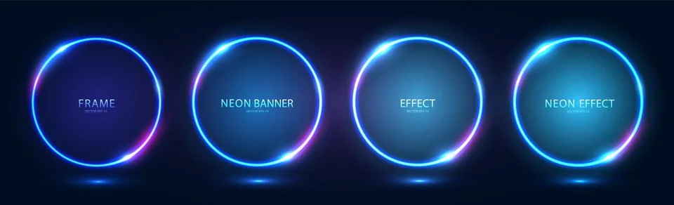 Round neon frames with shining effects and highlights on a dark background. Stock Illustration