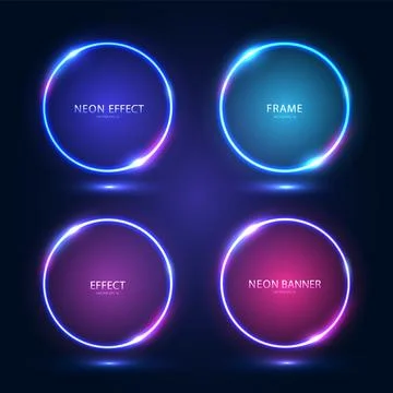 Round neon frames with shining effects and highlights on a dark background. Stock Illustration