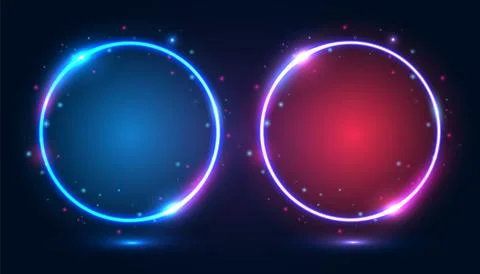 Round neon frames with shining effects and highlights on a dark background. Stock Illustration