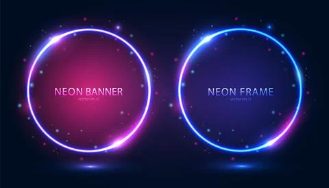 Round neon frames with shining effects and highlights on a dark background. Stock Illustration