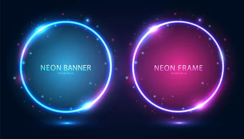 Round neon frames with shining effects and highlights on a dark background. Stock Illustration