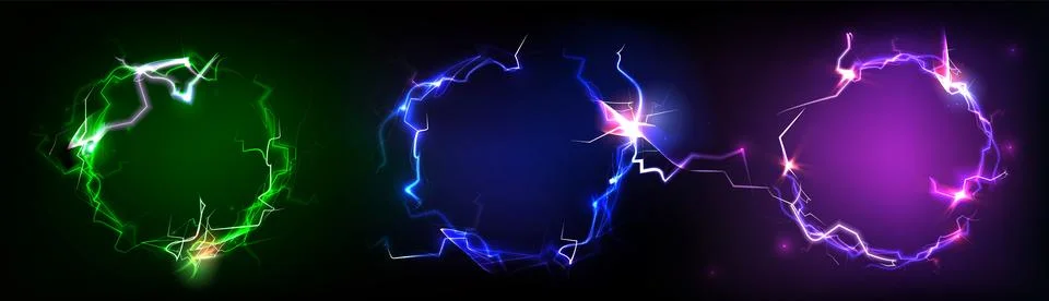 Round neon lightning frames set isolated on black Stockillustratie