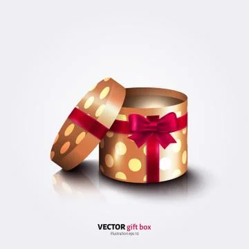 Round open gift box with ribbon, polka dots paper. Stock Illustration