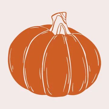 Round Orange Pumpkin with Ribbed Sides and Thick Stem. Hand Drawn Flat Style  Stock Illustration
